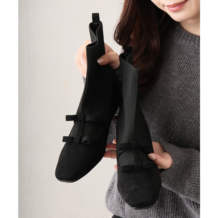 【25年秋冬新作】スクエアトゥ リボン ニットドッキング ショートブーツ | DEMETER | 詳細画像5 