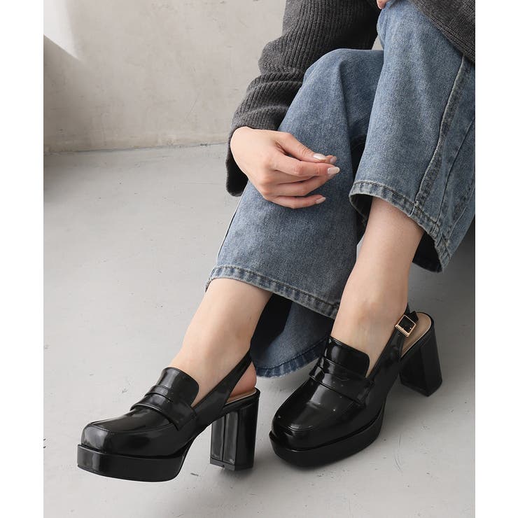 ブラック | 【25年秋冬新作】厚底 プラットフォーム スリングバック ローファーパンプス | DEMETER
