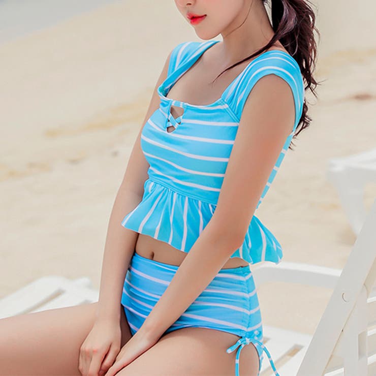 マリンボーダーペプラムタンキニ 水着2点セットバンドゥー フリル | レースレディース  | 詳細画像7 