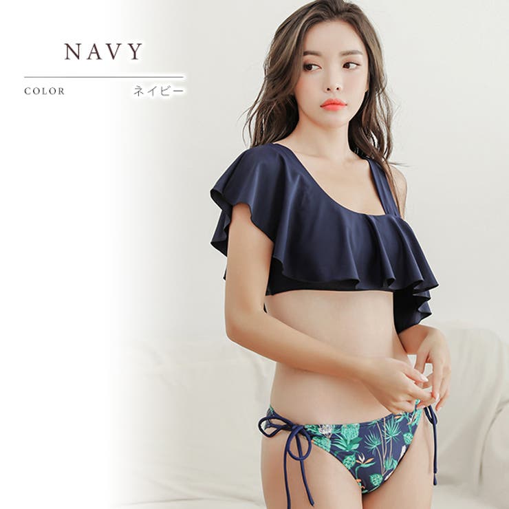 ワンショルダーフリルビキニ ボタニカル柄 ショーツ[品番