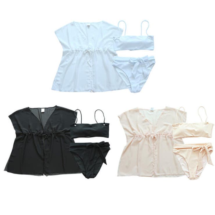 カバーアップ付き シンプル無地ビキニ 水着3点セット | レースレディース  | 詳細画像3 