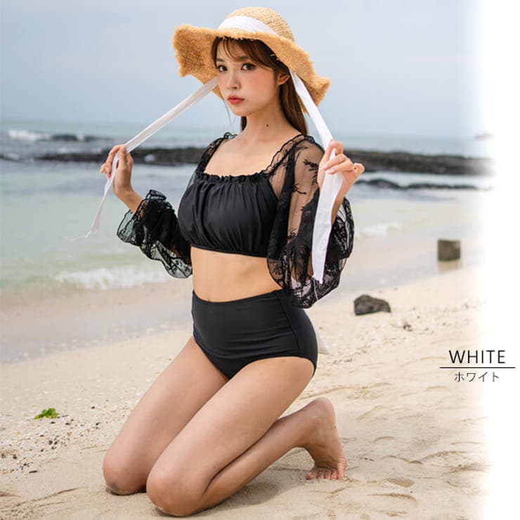 水着 韓国 体型カバー ハイウエスト ブラック 6k 袖付き 可愛い ビキニ