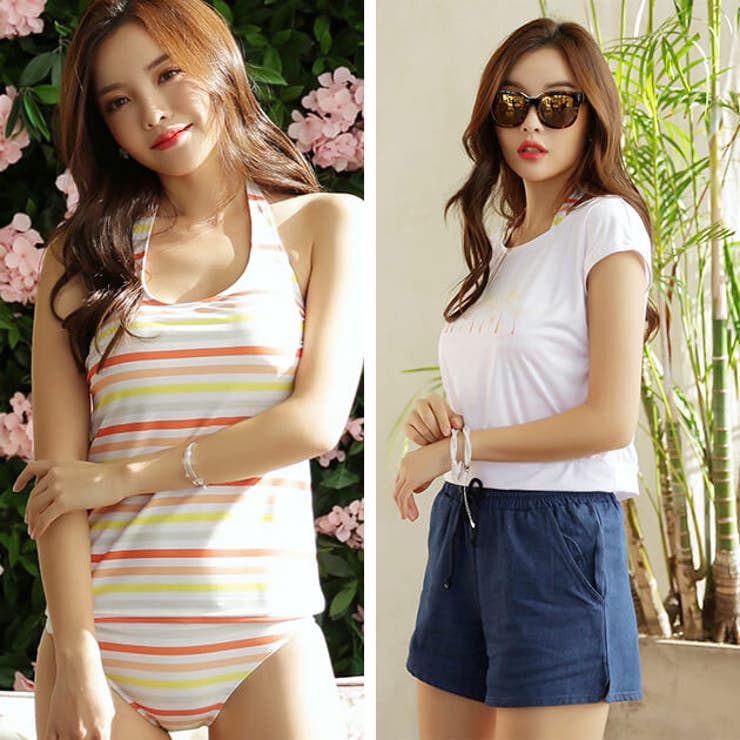 カバーアップ付 ボーダータンキニ 水着4点セット | レースレディース  | 詳細画像14 