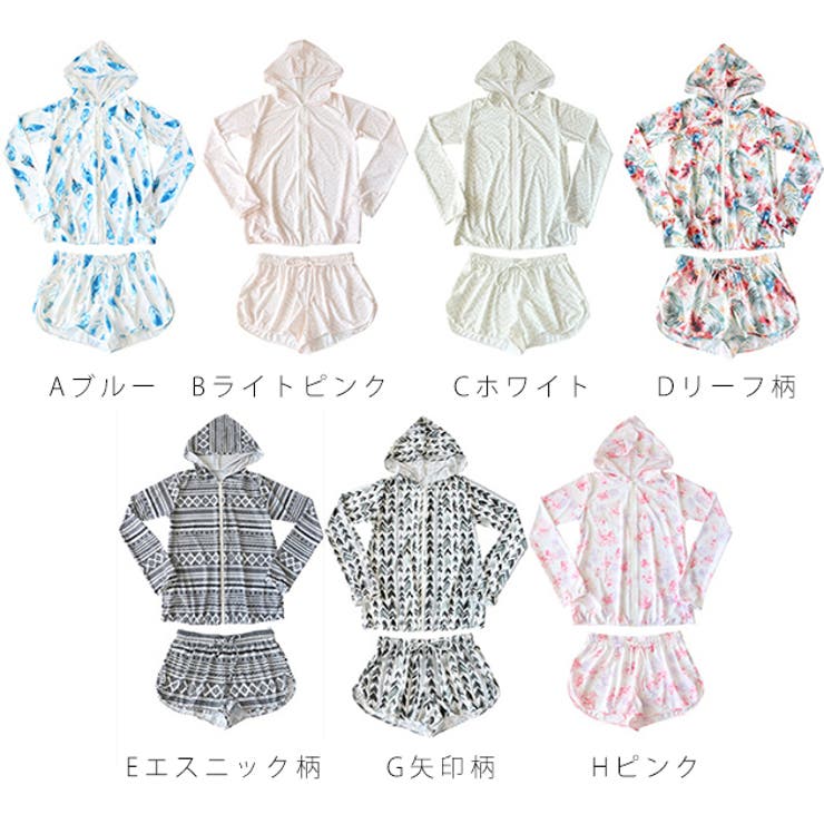 【送料無料】長袖ラッシュガードUVパーカー水着2点セットショートパンツサーフパンツ紫外線対策日焼け防止レディース女性用大人女の子ママジップアップラッシュパーカーフード付き指穴付き大きいサイズおしゃれ裏地ネイビーボタニカル柄
