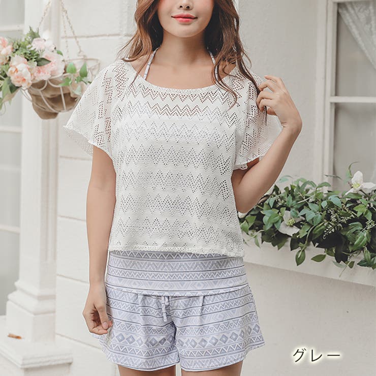 カバーアップ付 ホルターネックタンキニ 水着3点セット | レースレディース  | 詳細画像9 