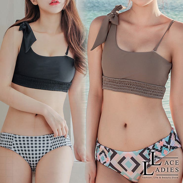 キュートな肩リボン ワンショルダー ビキニ水着2点セット | レースレディース  | 詳細画像1 
