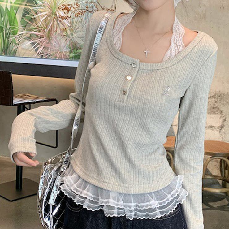 レース フェイクレイヤード ヘンリーネック | レースレディース  | 詳細画像1 