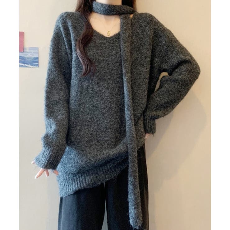 ストール付き ソリッドカラー Vネック | レースレディース  | 詳細画像6 