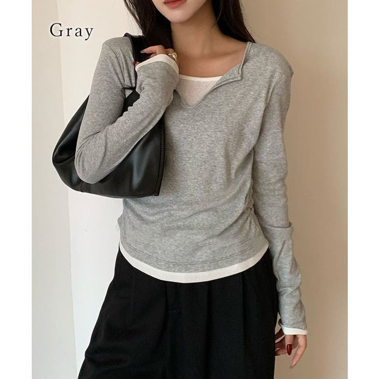 スキッパーネック レイヤード風 サイドギャザー | レースレディース  | 詳細画像3 