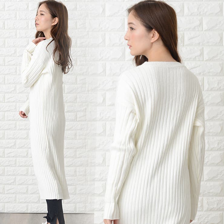ニットワンピース ロング丈 リブ[品番：LCLW0001209]｜レース