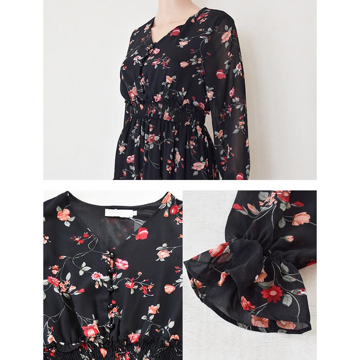 シフォンワンピース 花柄 ブラック[品番：LCLW0001312]｜レース
