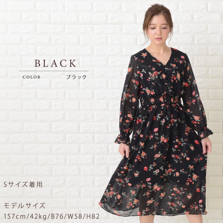 シフォンワンピース 花柄 ブラック[品番：LCLW0001312]｜レース