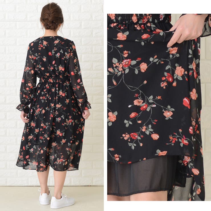 シフォンワンピース 花柄 ブラック[品番：LCLW0001312]｜レース