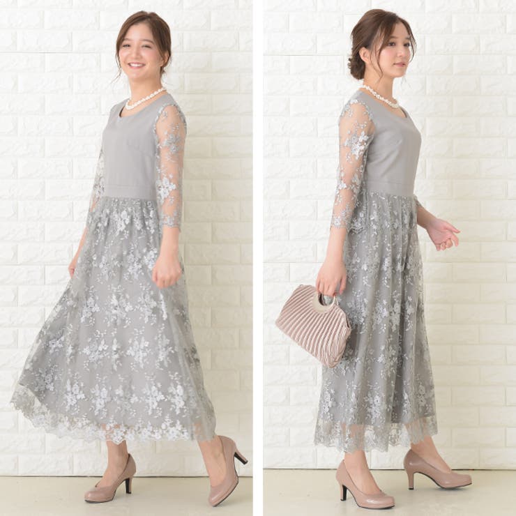 花柄シースルー袖 ロングドレス ブラック[品番：LCLW0001339]｜レース