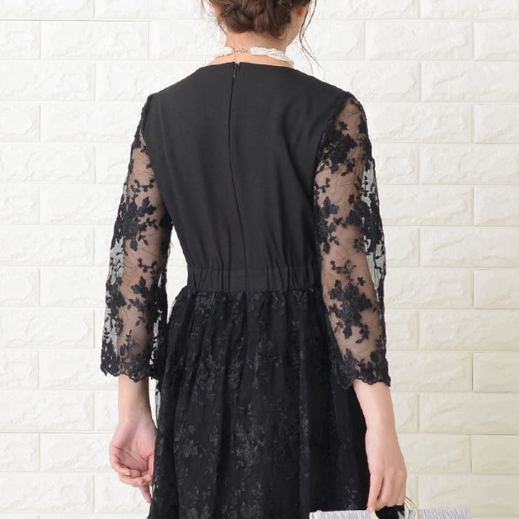 花柄シースルー袖 ロングドレス ブラック[品番：LCLW0001339
