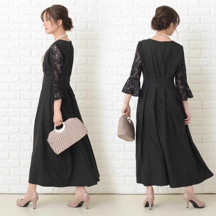 ウエストタック ロングドレス ブラック[品番：LCLW0001372