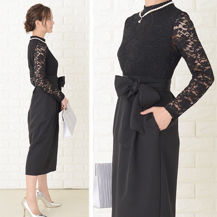 レース長袖 リボン付き膝下丈 スリット入りタイトスカート | レースレディース  | 詳細画像7 