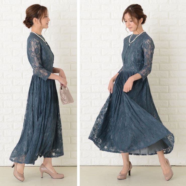 プリーツロング丈ワンピース ラウンドネック パーティードレス[品番