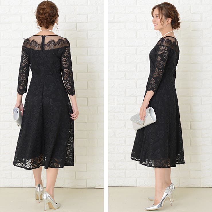 デコルテラインシースルー パーティードレス レース七分袖[品番