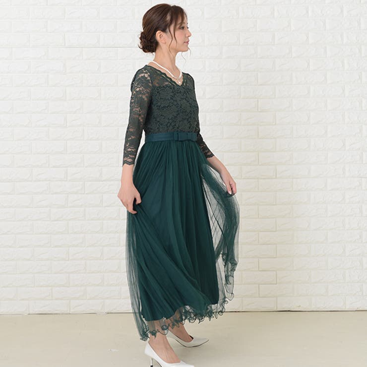 Vネックレース七分袖 チュールロング リボン | レースレディース  | 詳細画像15 