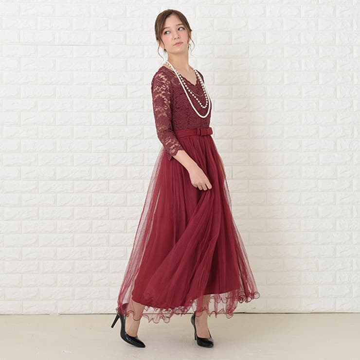 Vネックレース七分袖 チュールロング リボン | レースレディース  | 詳細画像19 