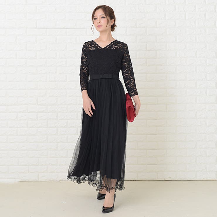 Vネックレース七分袖 チュールロング リボン | レースレディース  | 詳細画像8 