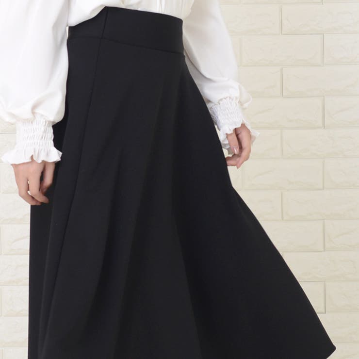 ミモレ丈フレアAラインスカート ブラック 黒[品番：LCLW0001712