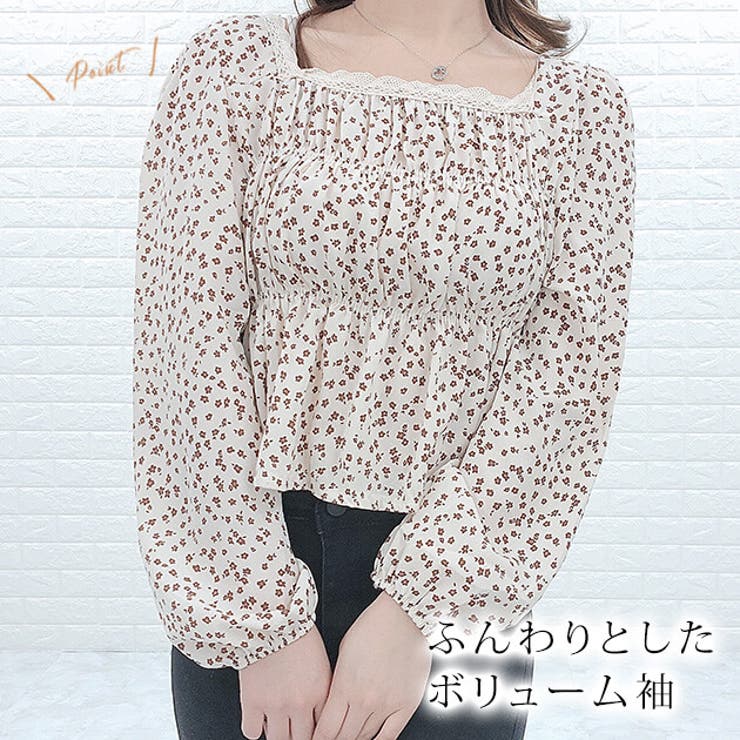 小花柄ギャザーブラウス スクエア トップス[品番：LCLW0002097