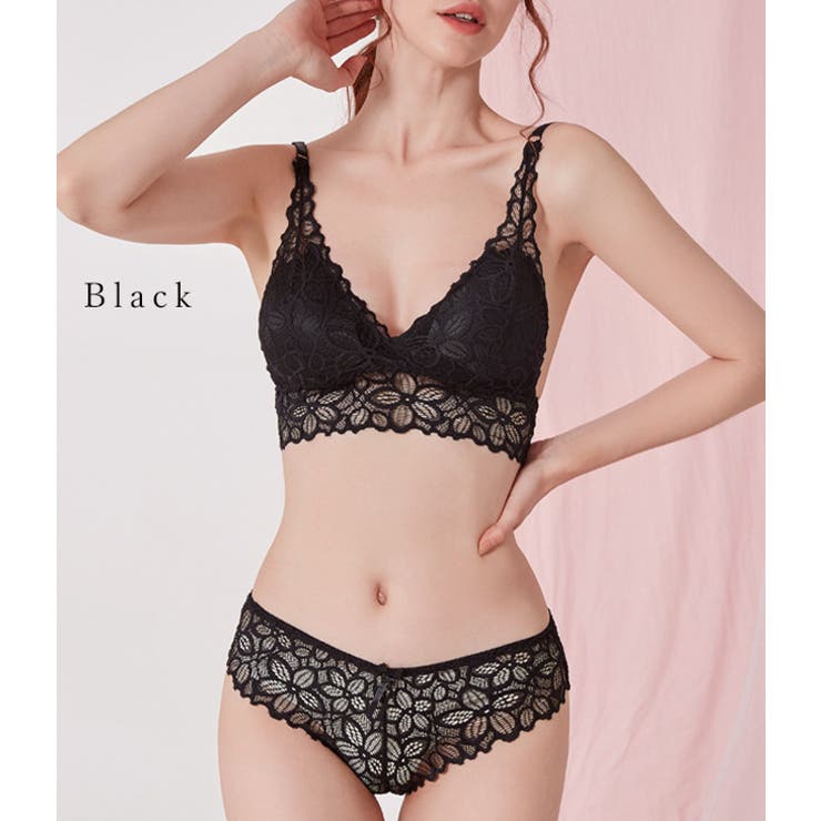 Exabra 花柄レースブラジャー２点ショーツ１点セット ノンワイヤー 花柄レースブラ＆ショーツ 2点セット[品番：LCLW0002104
