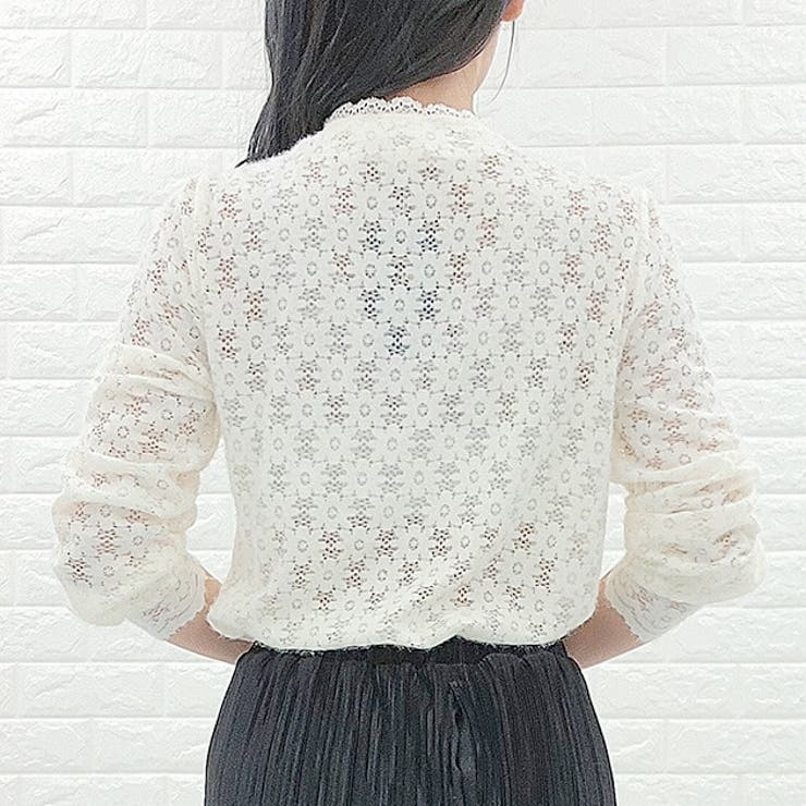 パール風ボタン付き花柄レース長袖カーディガン ブラウス シャツ