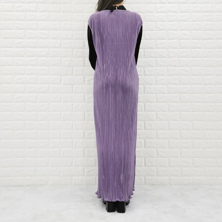 美品✨プリーツプリーズ　マキシノースリーブワンピース パープル 2 М　スリット 美品✨プリーツプリーズ マキシノースリーブワンピース パープル