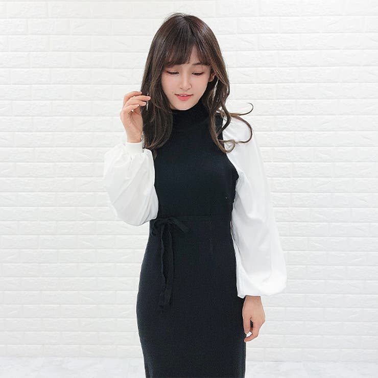 ロングニットワンピース 布帛ドッキング ラップドレス | レースレディース  | 詳細画像7 