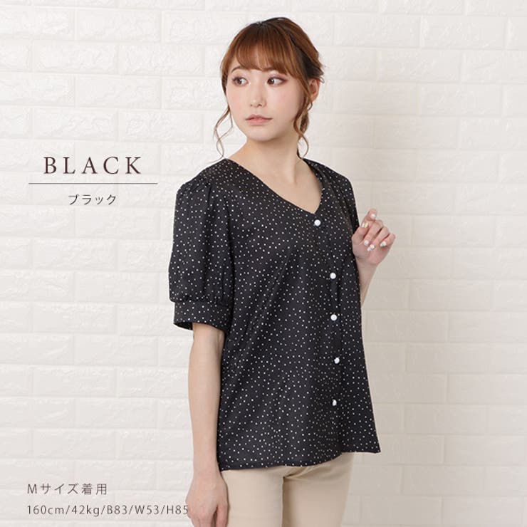 KNXT407-ドット柄・半袖VネックセンターシームトップスCLEAN Style・シンプルプルオーバー main image 1