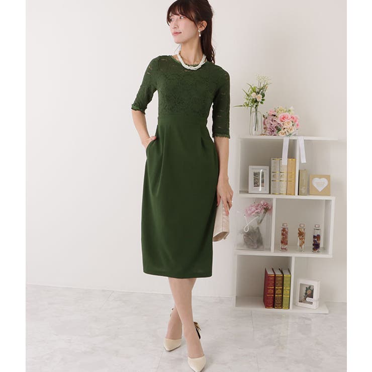 五分袖サテンレース ワンピースドレス ブラック[品番 五分袖サテンレース ワンピースドレス ブラック[品番