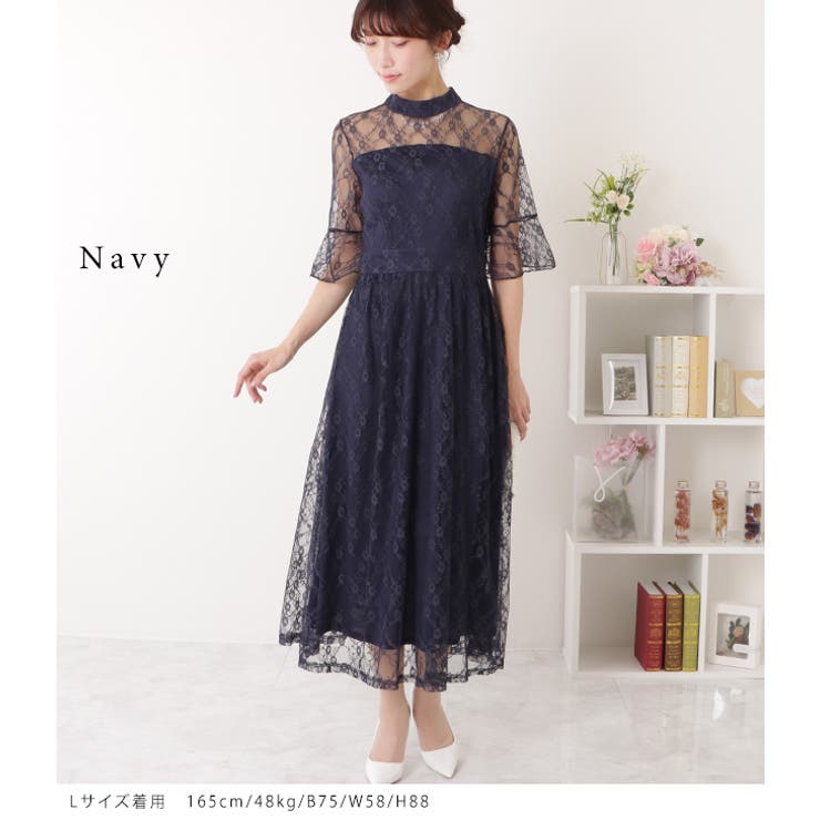 ウエスト切り替え ロングワンピース ドレス[品番：LCLW0002394