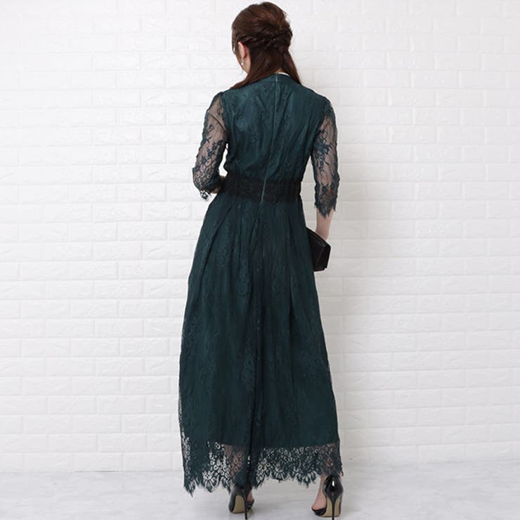【パーティードレス】　総レース花柄　ロングワンピース Lace Ladies ドレス 花柄総レースロング丈フレアワンピース