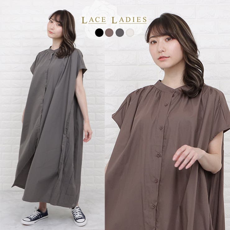 バックプリーツ フレンチスリーブ シャツワンピース[品番：LCLW0002628