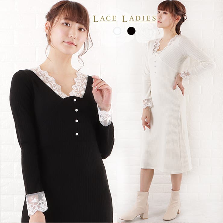 リブ ニット ワンピース Vネック ロング フレア ドレス 2色 韓国 Vネックリブニット ロングスリーブワンピース｜JENNE(ジェンヌ