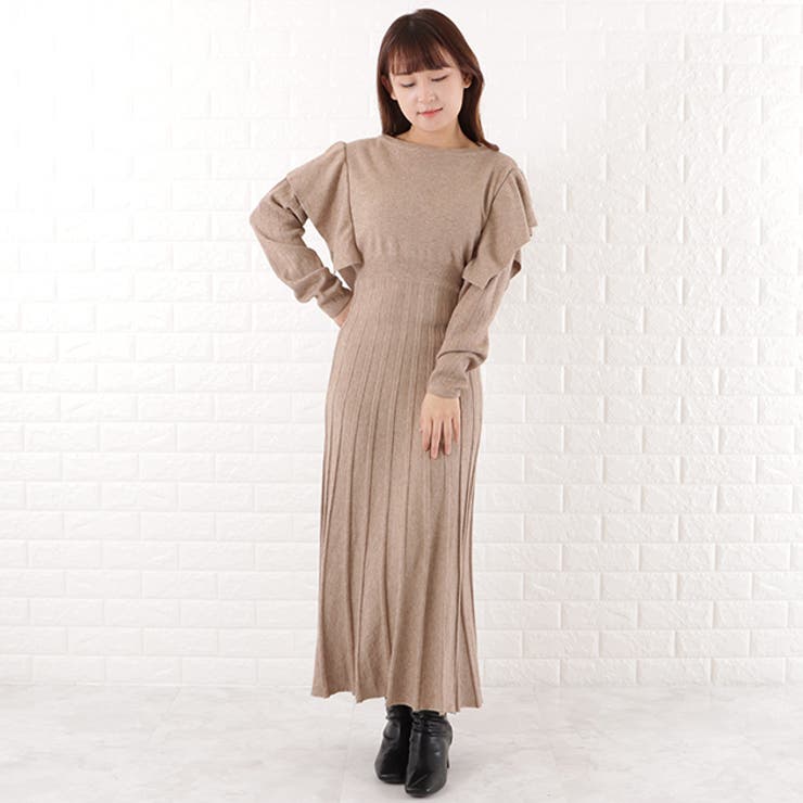 ベージュ | ショルダーフリル リブ 切替 | レースレディース 