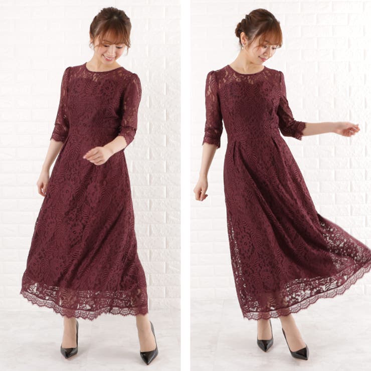 新品♡パーティー ドレス 総レース ロング ワンピース ベルト付き L パーティードレス 総レース ロング[品番：LCLW0003104]｜レース