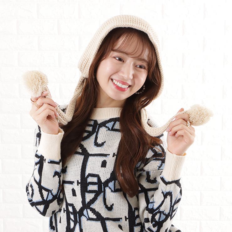 ベージュ | ぽんぽん付き ニット バラクラバ | レースレディース 