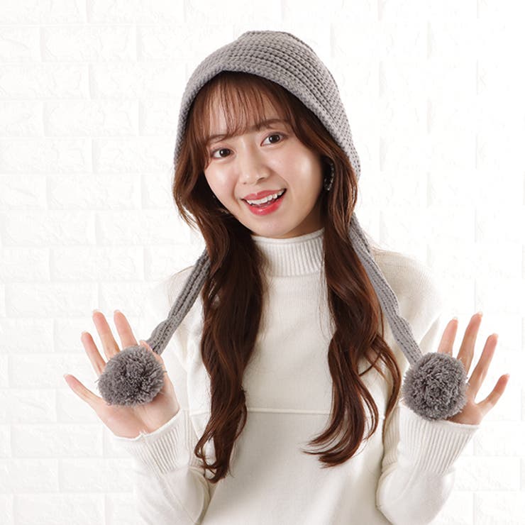 グレー | ぽんぽん付き ニット バラクラバ | レースレディース 