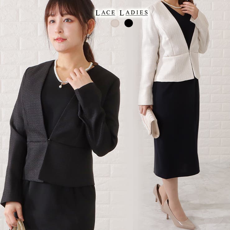 Vネックウエストリボンワンピース×ジャケット2点セット レディース 女性 | レースレディース  | 詳細画像1 