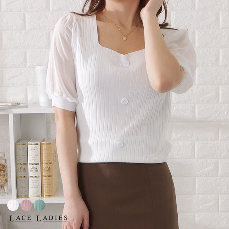 スクエアネックボタン付きシフォンスリーブトップス レディース 女性 | レースレディース  | 詳細画像1 