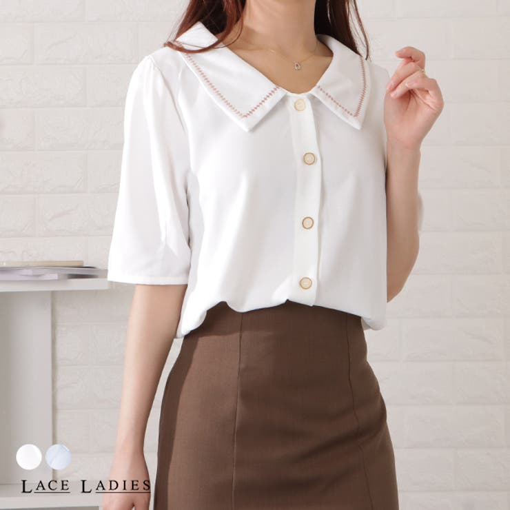 玄関先迄納品 刺繍襟前開きボタンブラウス 女性[品番：LCLW0003536 レディース トップス