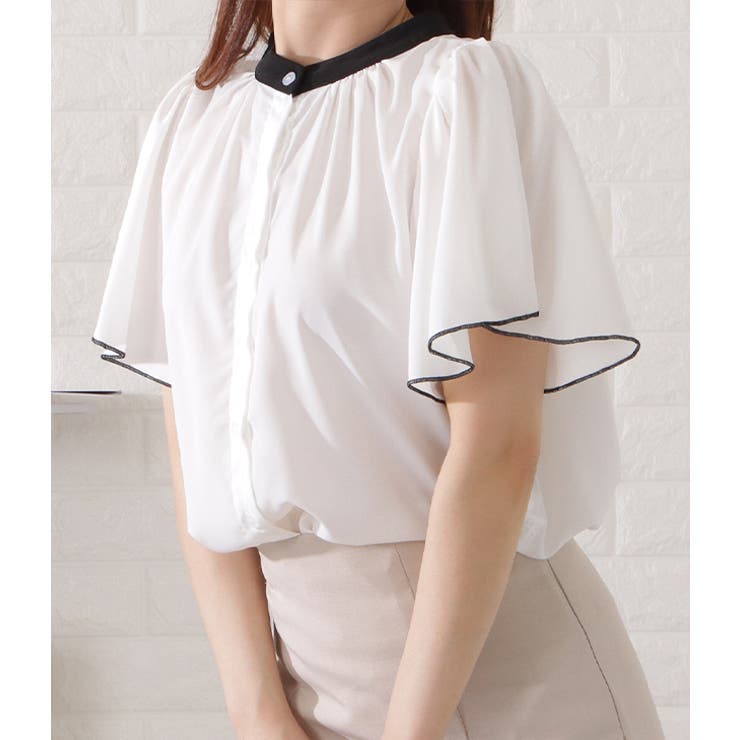 2WAYバイカラープチハイネック半袖シフォンブラウス 女性
