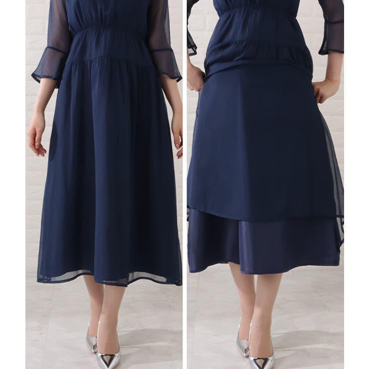 ウエストギャザーフレアシフォンワンピース 女性 レディース[品番