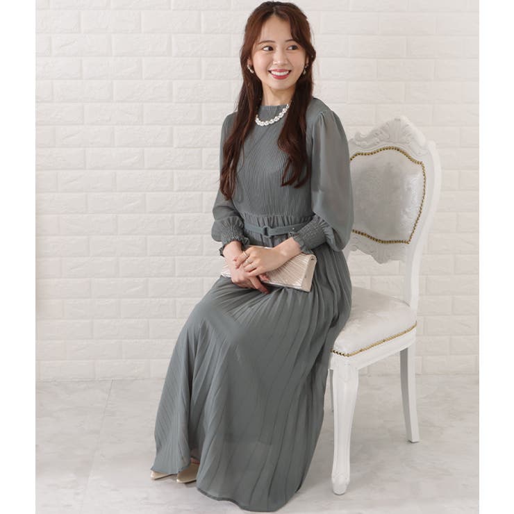 ベルト付きシフォンプリーツ長袖ワンピース 女性 レディース