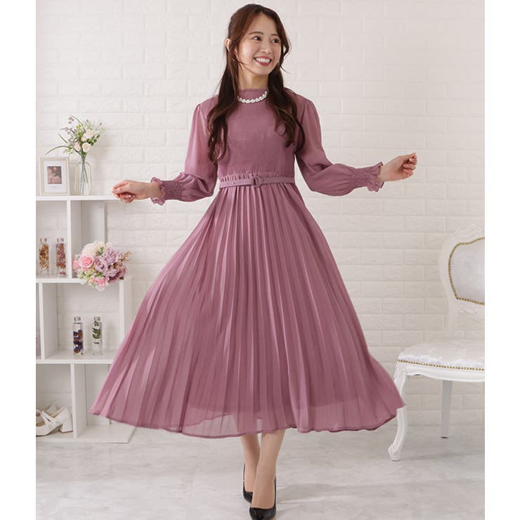 当店の記念日 ベルト付きシフォンプリーツ長袖ワンピース レディース 女性 Lサイズ