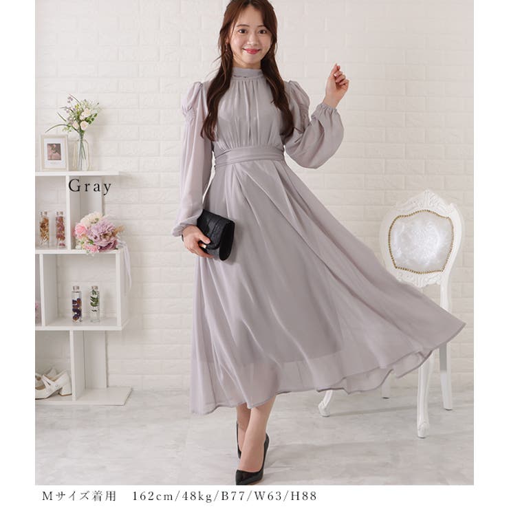 ギャザーシェイプロングシフォンワンピース 女性 レディース